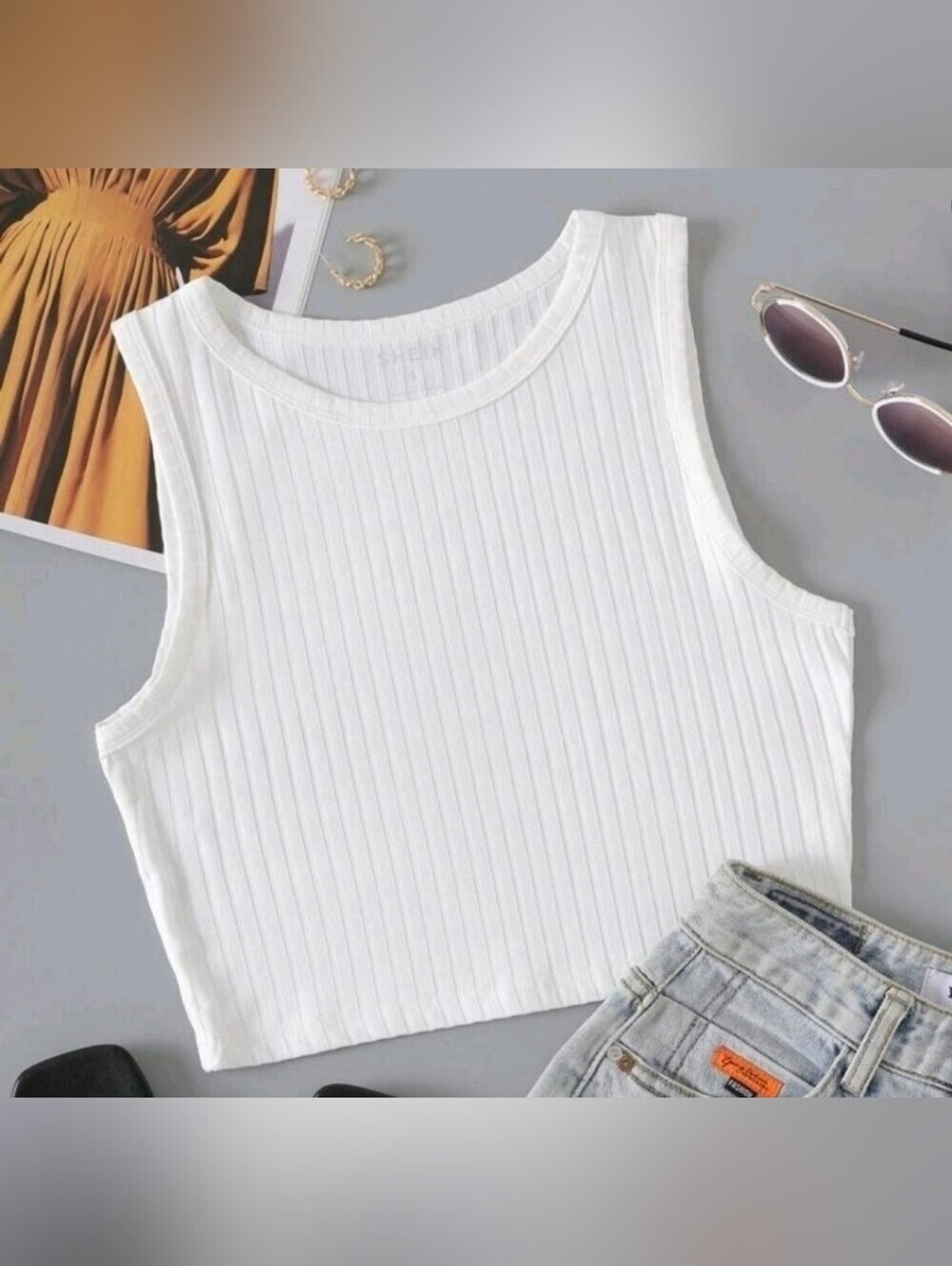 Girls White Ribbed Crop Tank Top Sleeveless Stretch Knit Casual Summer Shirt XS